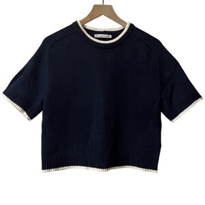 NWOT Abercrombie and Fitch SHORT SLEEVE CROPPED KNIT SWEATER Lg NAVY BLUE WHITE